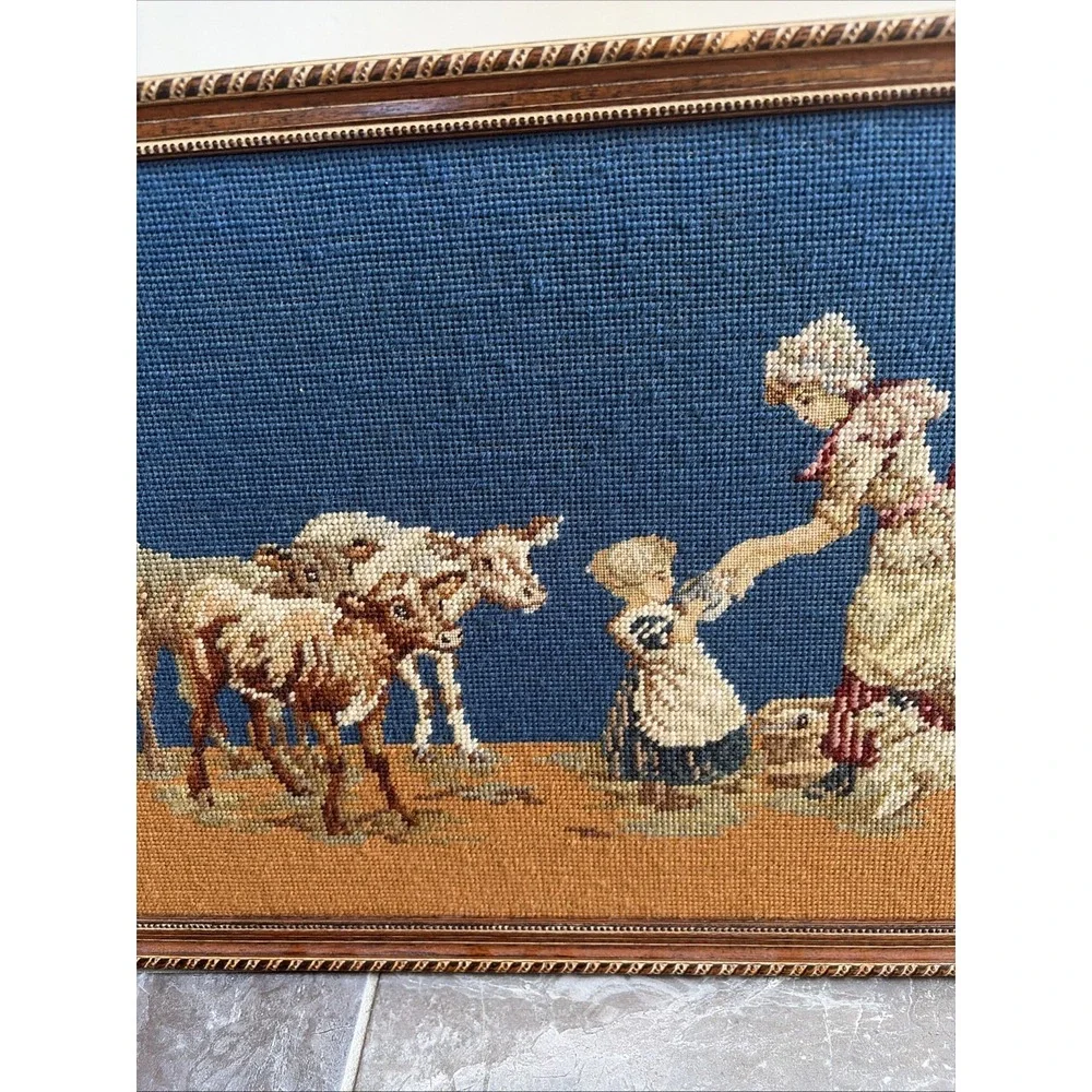 Vintage Framed‎ Hand Stitched Needlepoint Tapestry Art Rural Farm Scene Large